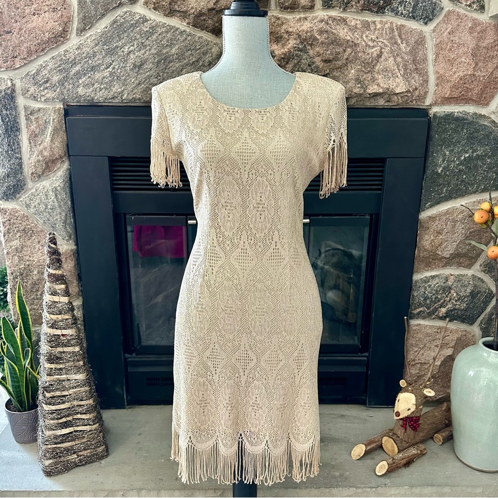 Beige Crochet Fringe Mini Dress